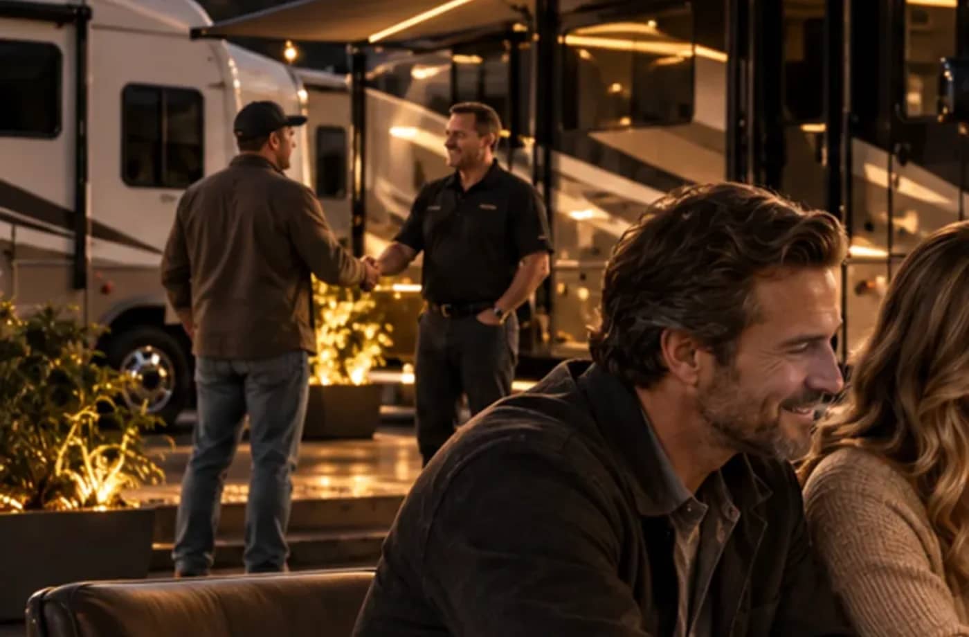 RV purchase, financing or trade planning scene supporting RV Consignment in Davis, CA