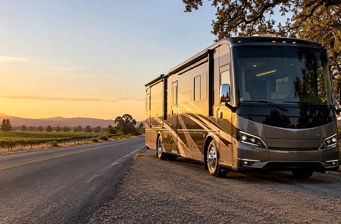 RV rental and road-trip scene supporting Class C RV Rentals in Davis, CA