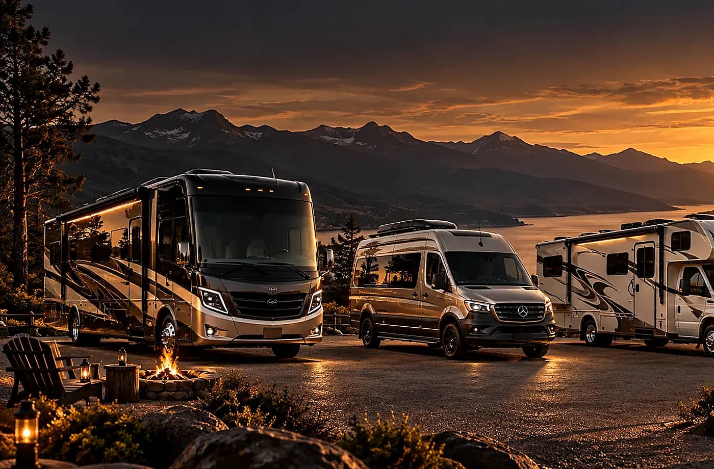 RV rental and road-trip scene supporting Plan for size, route and sleeping needs