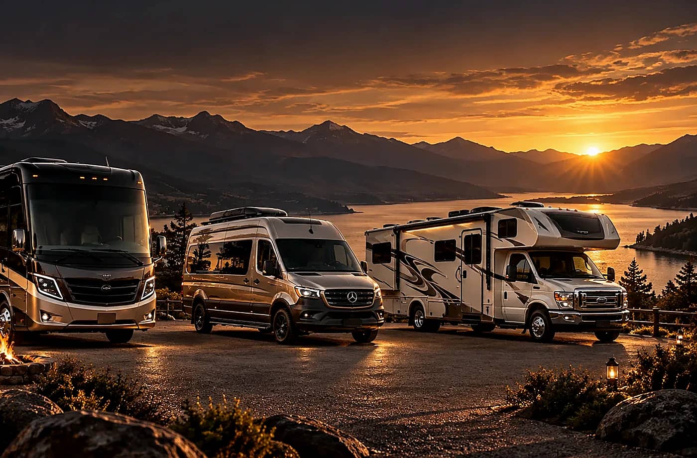 RV rental and road-trip scene supporting Class A RV Rentals in Davis, CA