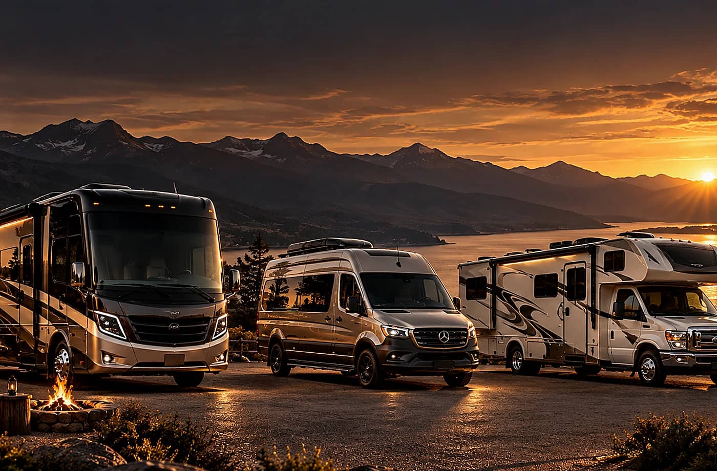 Motorhome and towable RV scene supporting Destination Trailers for Sale near Davis, CA