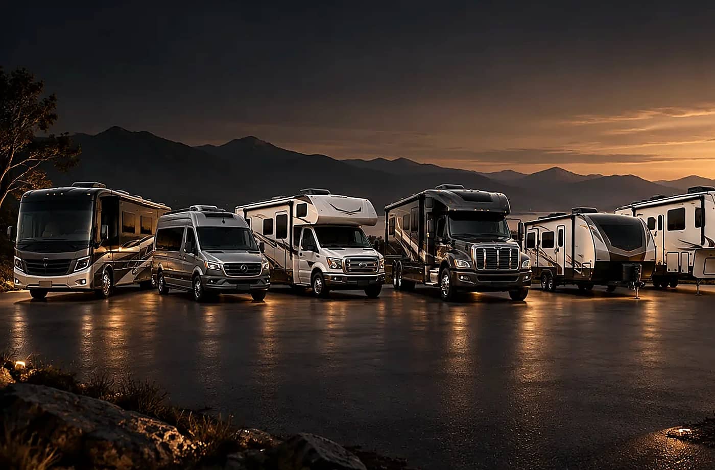 Motorhome and towable RV scene supporting Pop-Up Campers for Sale near Davis, CA