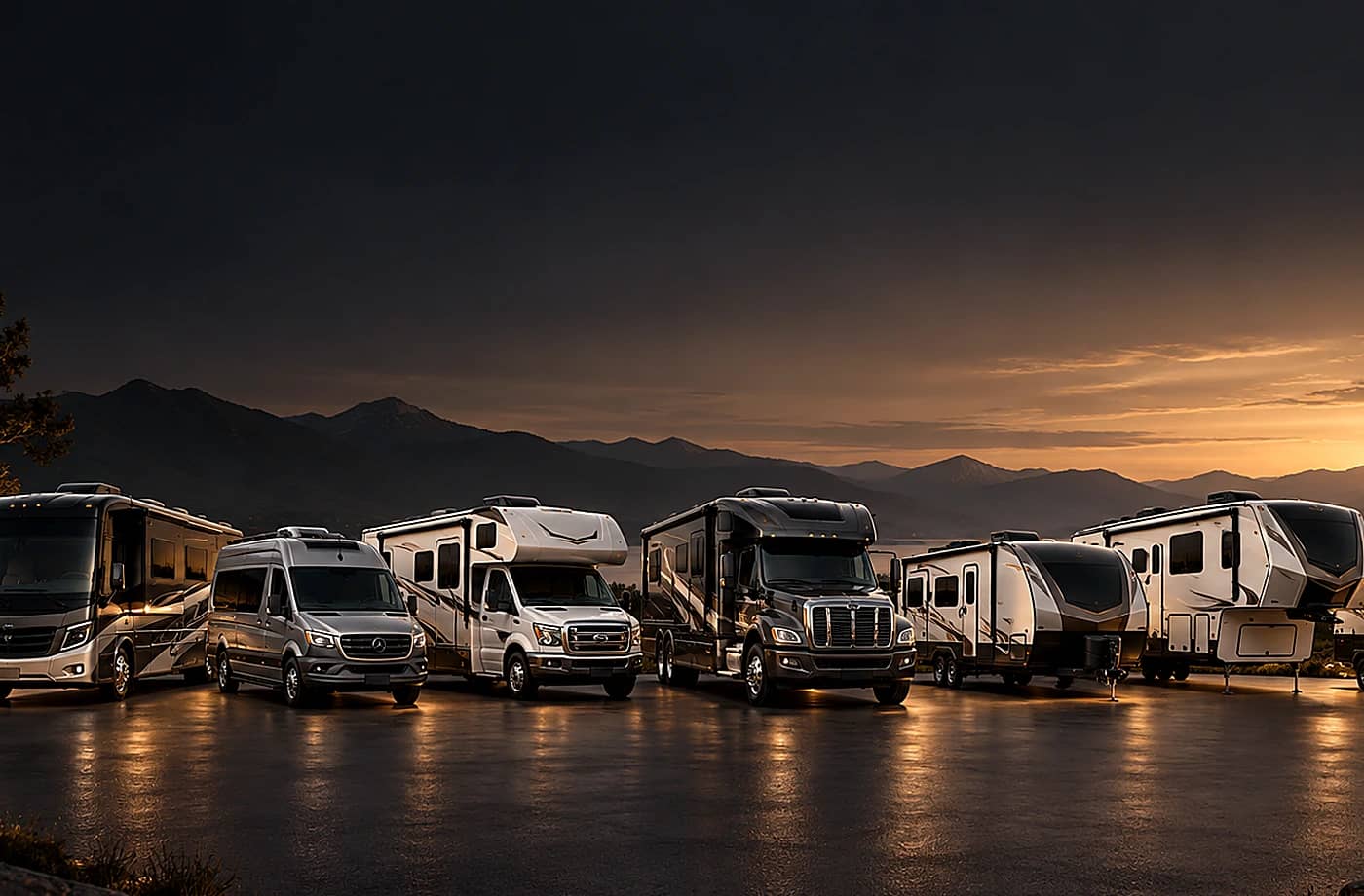 Motorhome and towable RV scene supporting Class C Motorhomes for Sale in Davis, CA