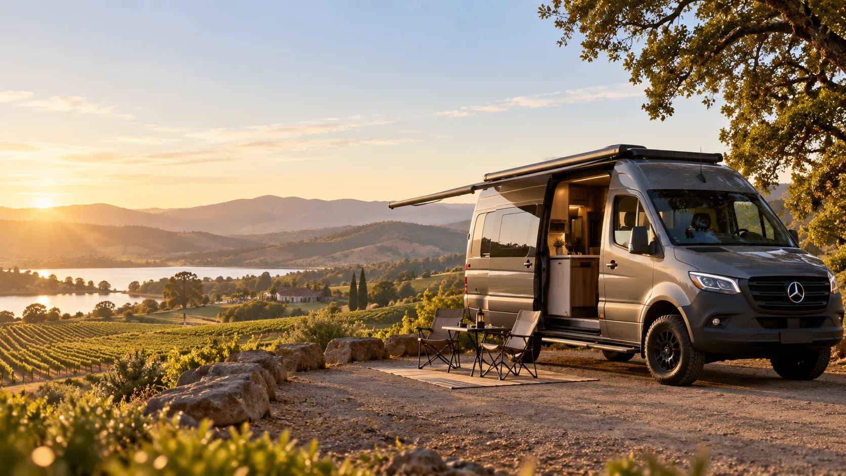 Illustration of a Class B camper van with its sliding door and awning open
