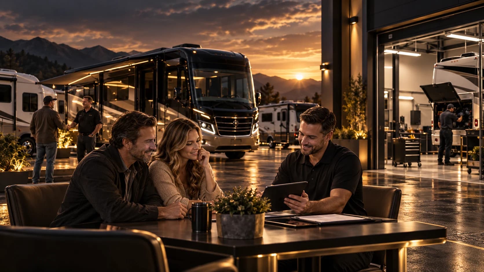 Illustration of an RV-shopping conversation; not actual dealership staff