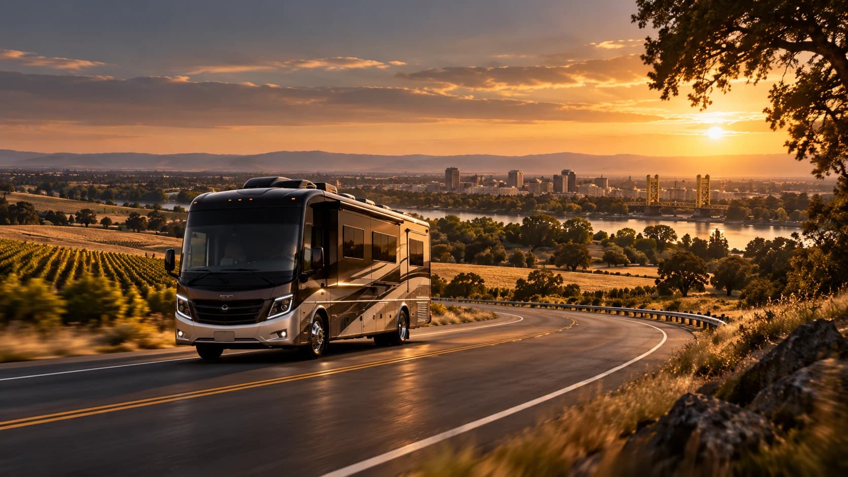 Illustration of a motorhome on a scenic country road