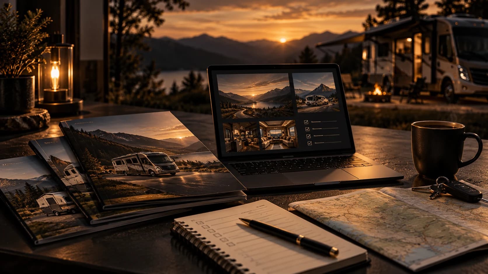 Illustration of an RV trip-planning desk with maps, notes and a laptop