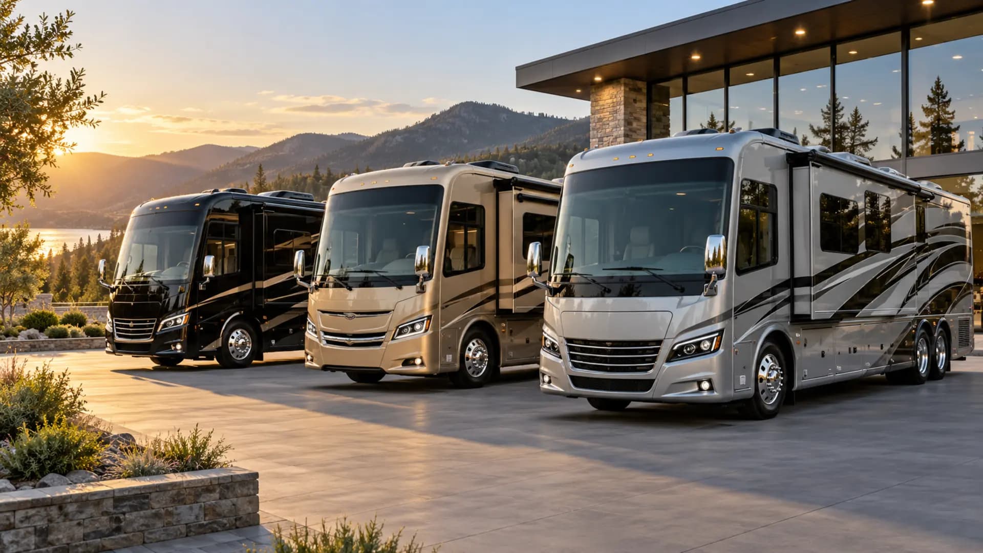 Illustration of motorhomes in an outdoor vehicle display