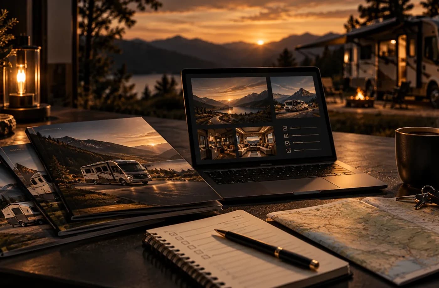 RV research and trip-planning scene supporting Fifth Wheel Buying Guide