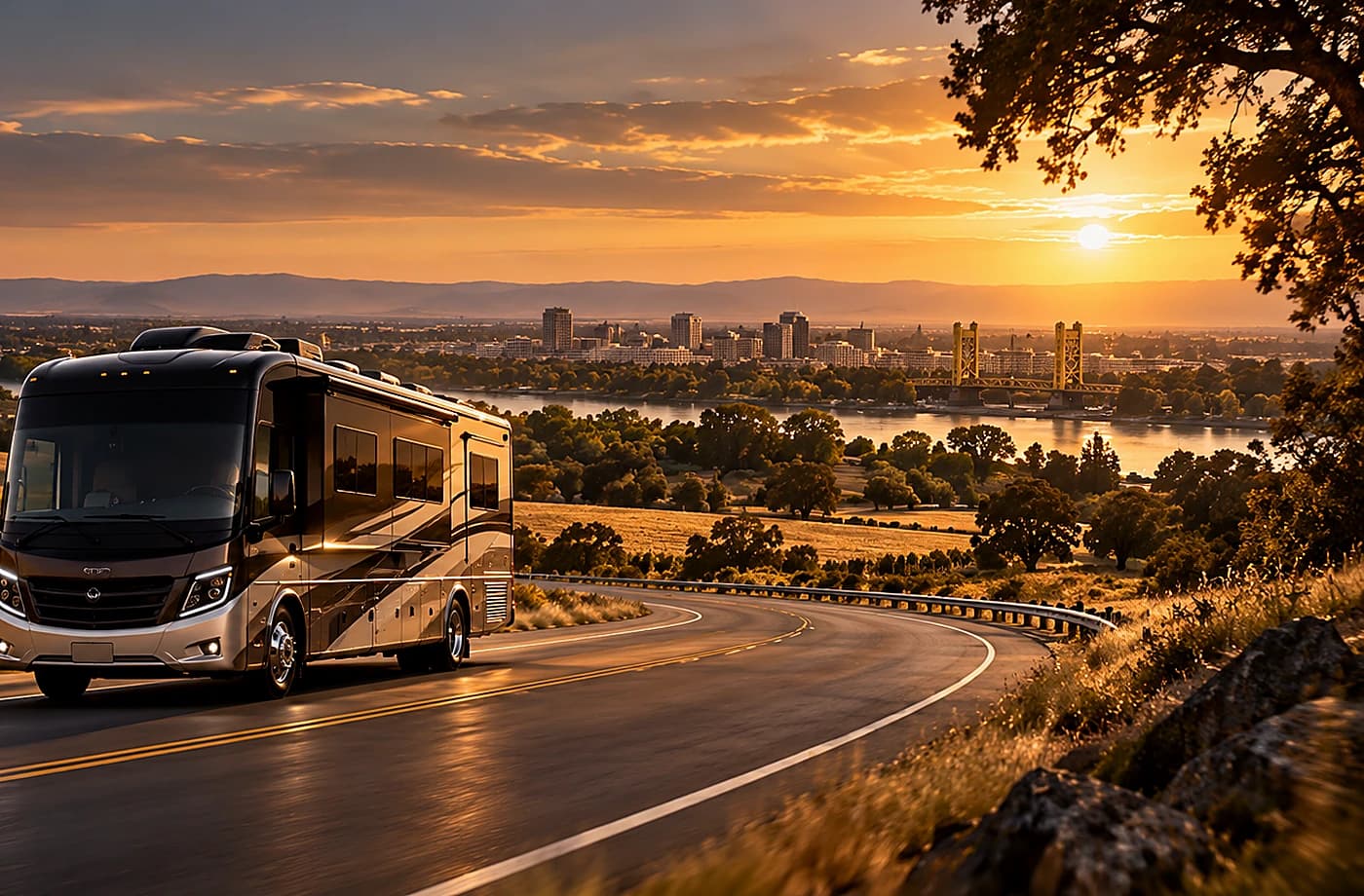 RV rental and road-trip scene supporting Pet-Friendly RV Rentals in Davis, CA