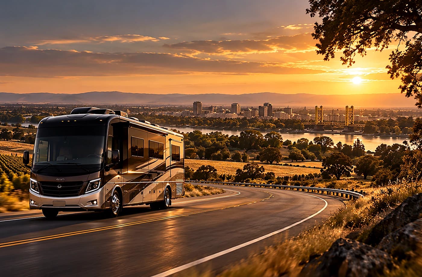 RV rental and road-trip scene supporting Class A RV Rentals in Davis, CA
