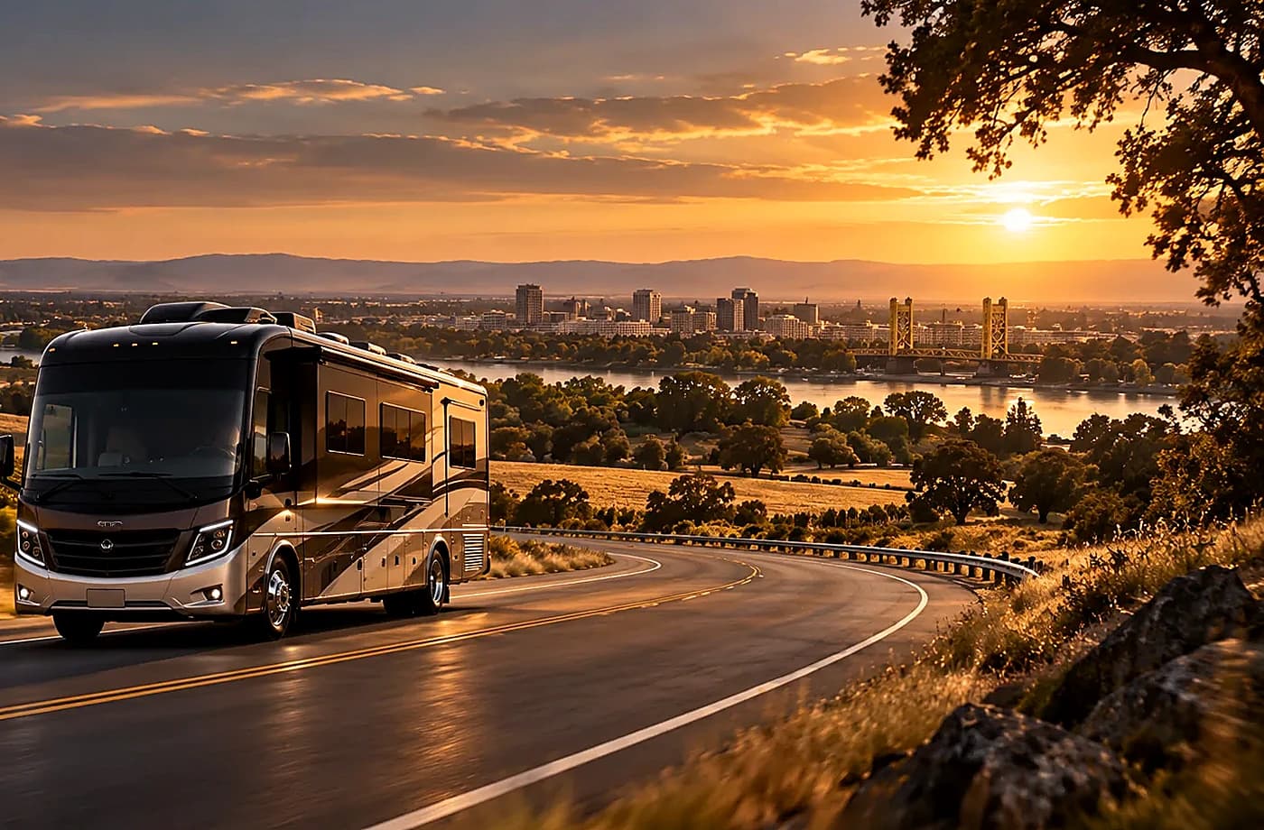 RV rental and road-trip scene supporting Class C RV Rentals in Davis, CA
