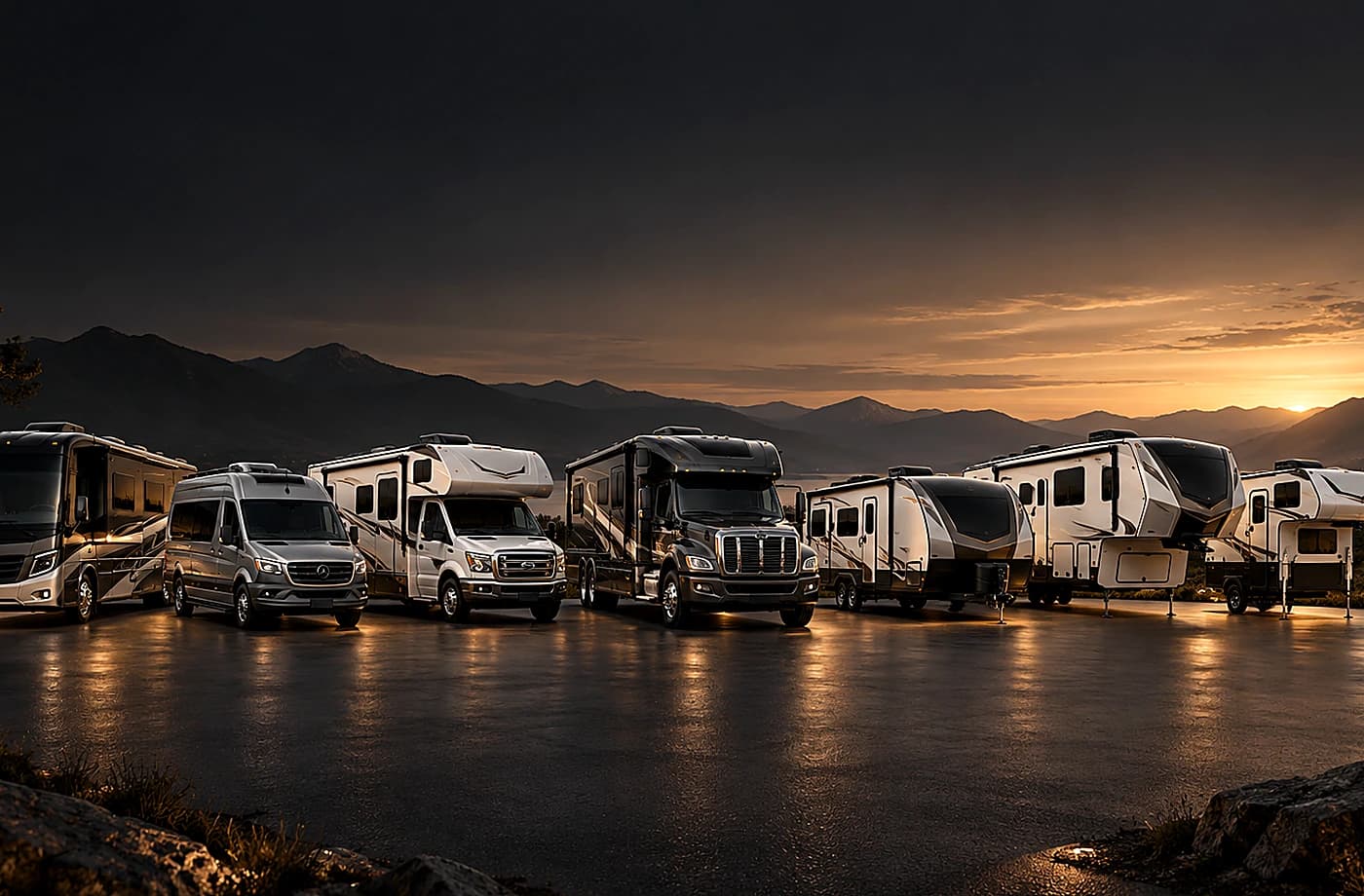 Motorhome and towable RV scene supporting Super C RVs for Sale in Davis, CA