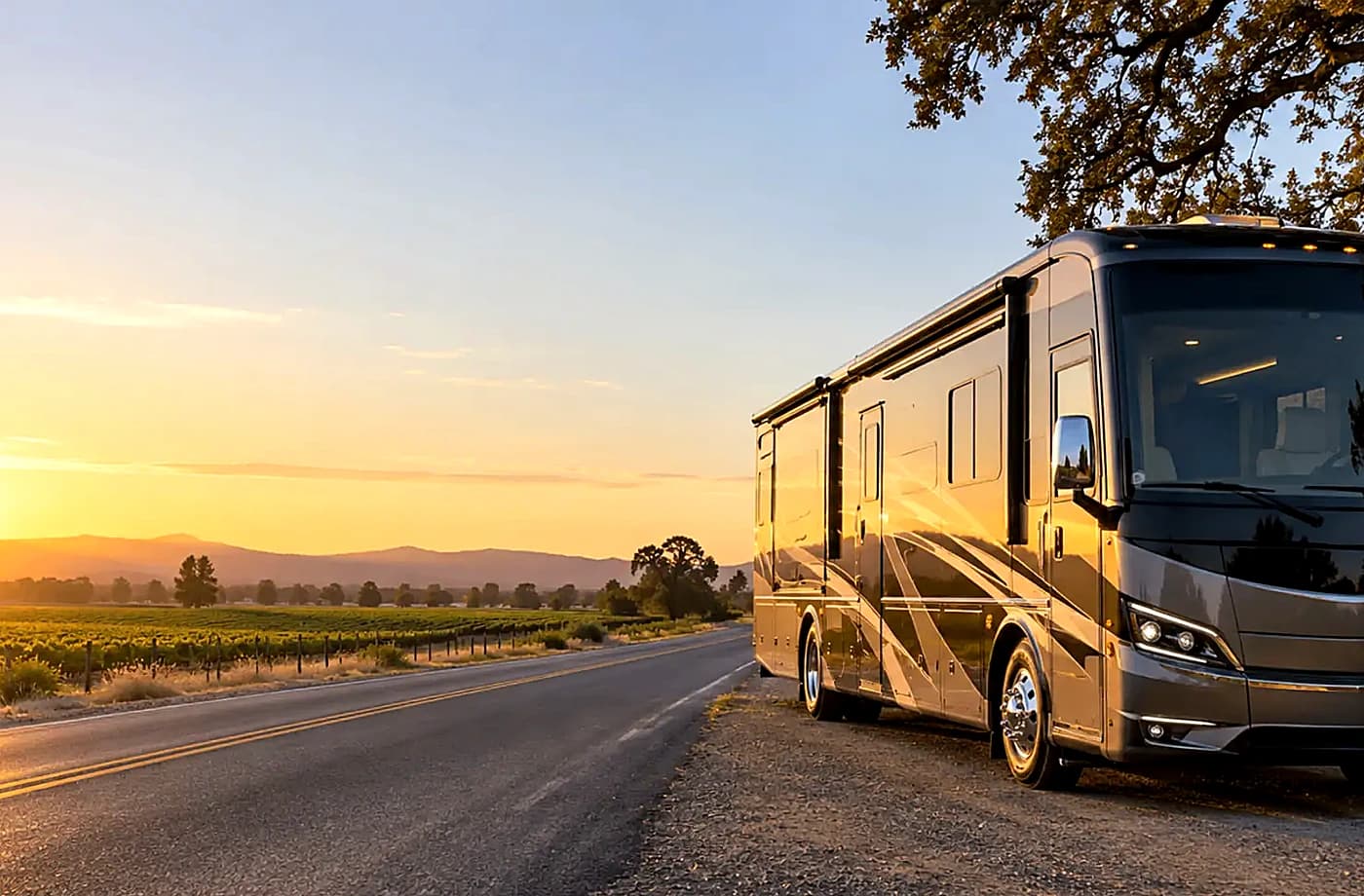 Motorhome and towable RV scene supporting Used RVs for Sale in Davis, California