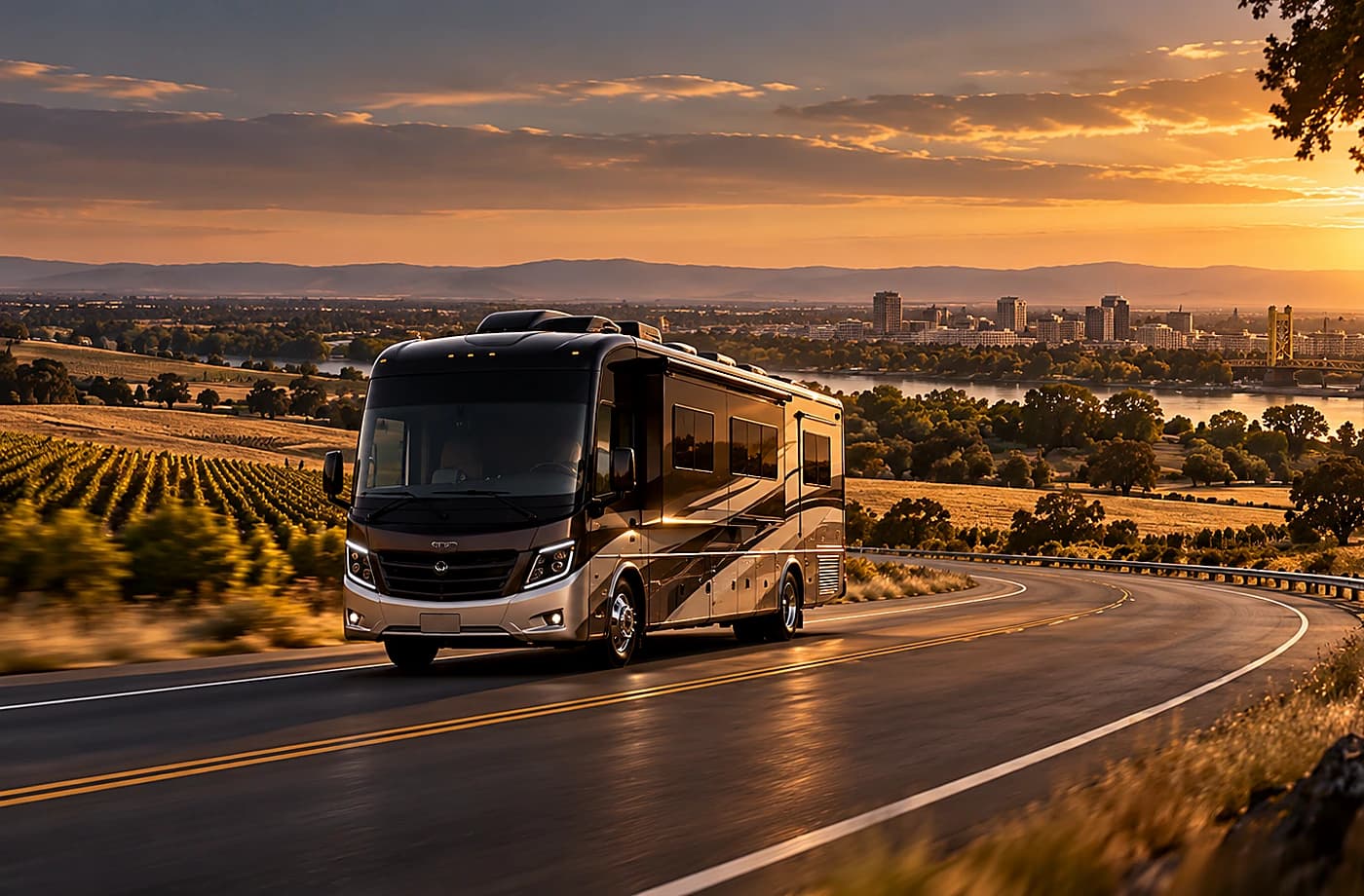 Motorhome and towable RV scene supporting Destination Trailers for Sale near Davis, CA