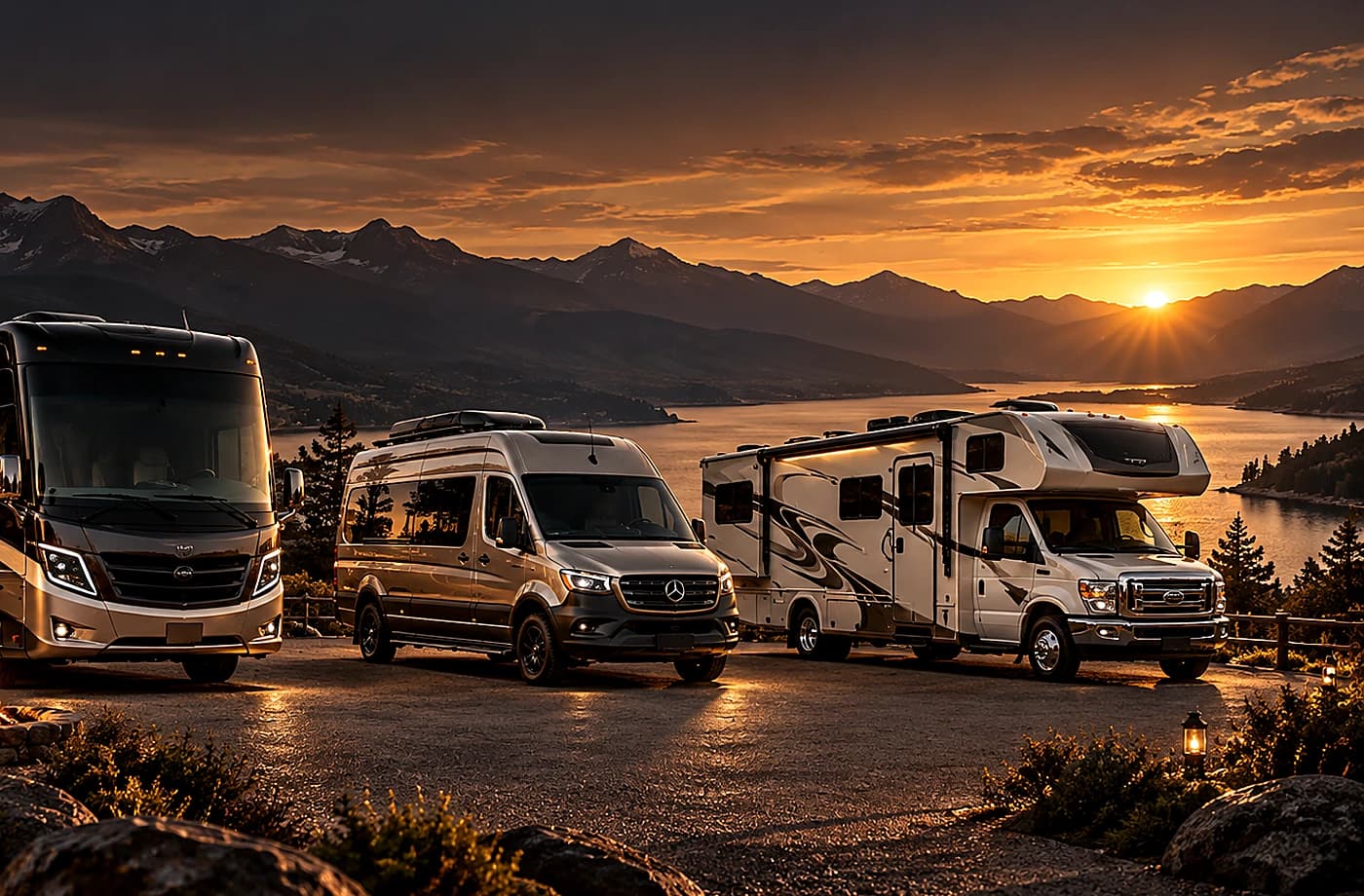 Motorhome and towable RV scene supporting New RVs for Sale in Davis, CA