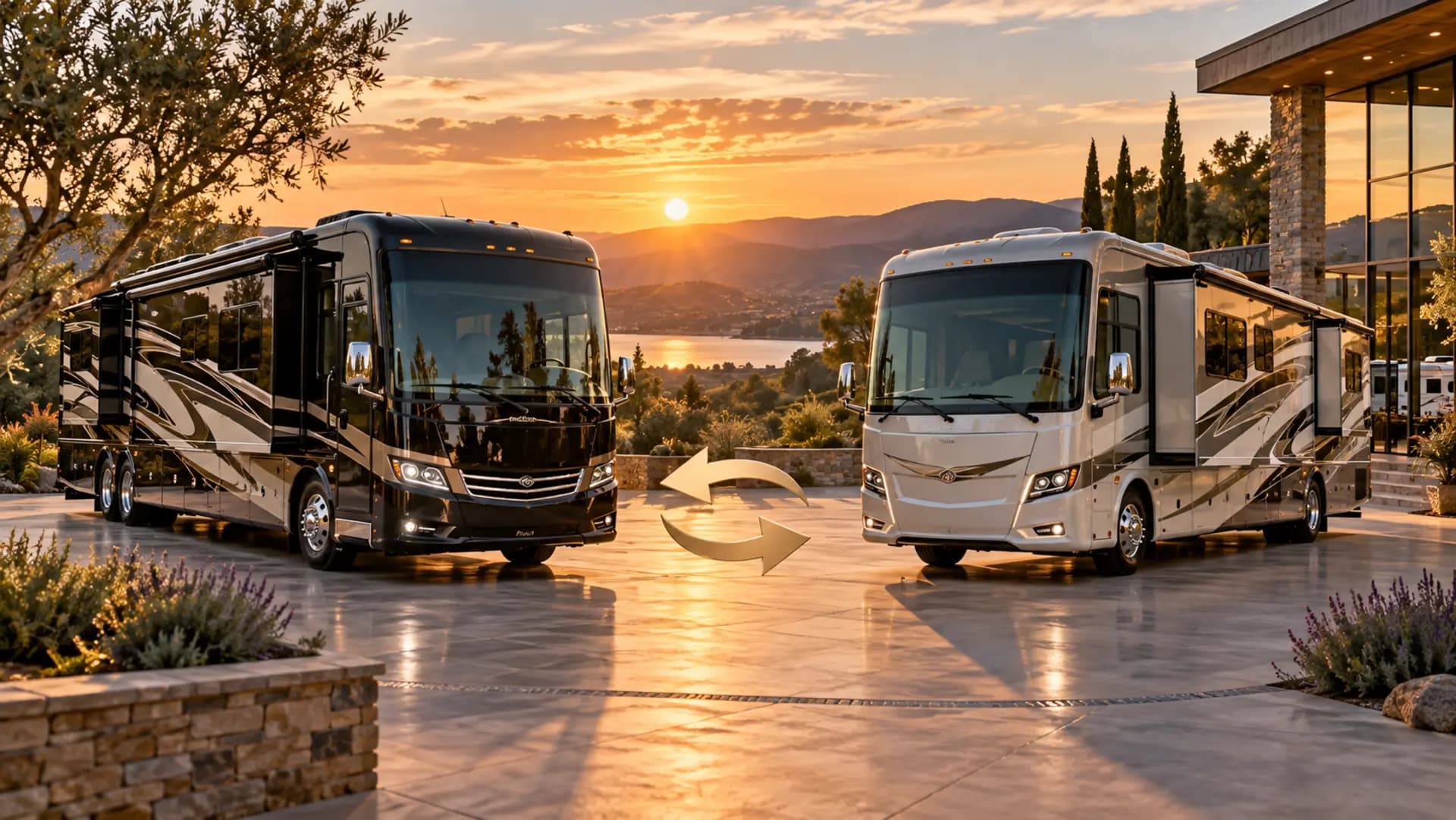 Illustration of two motorhomes at an RV display area