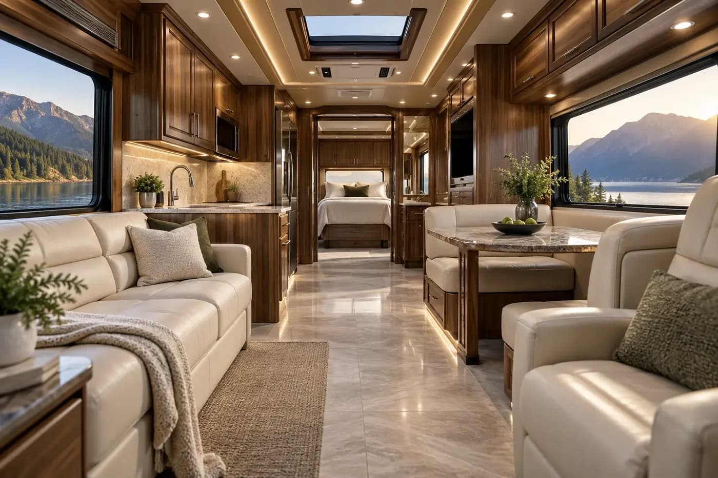 Illustration of a motorhome living area with seating and a kitchen
