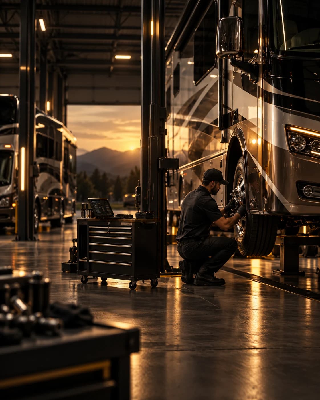 Illustration of a technician checking a motorhome in a service bay