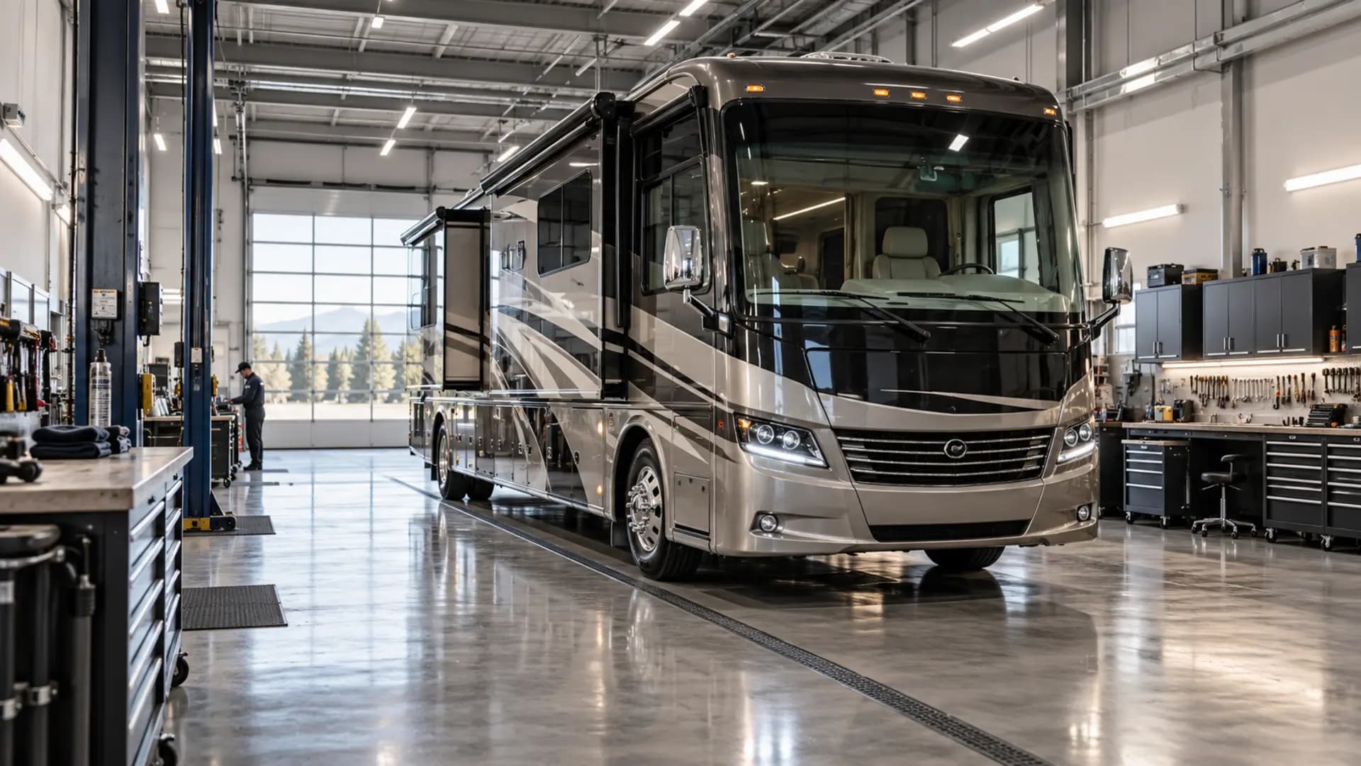 Illustration of a motorhome inside a bright RV service workshop