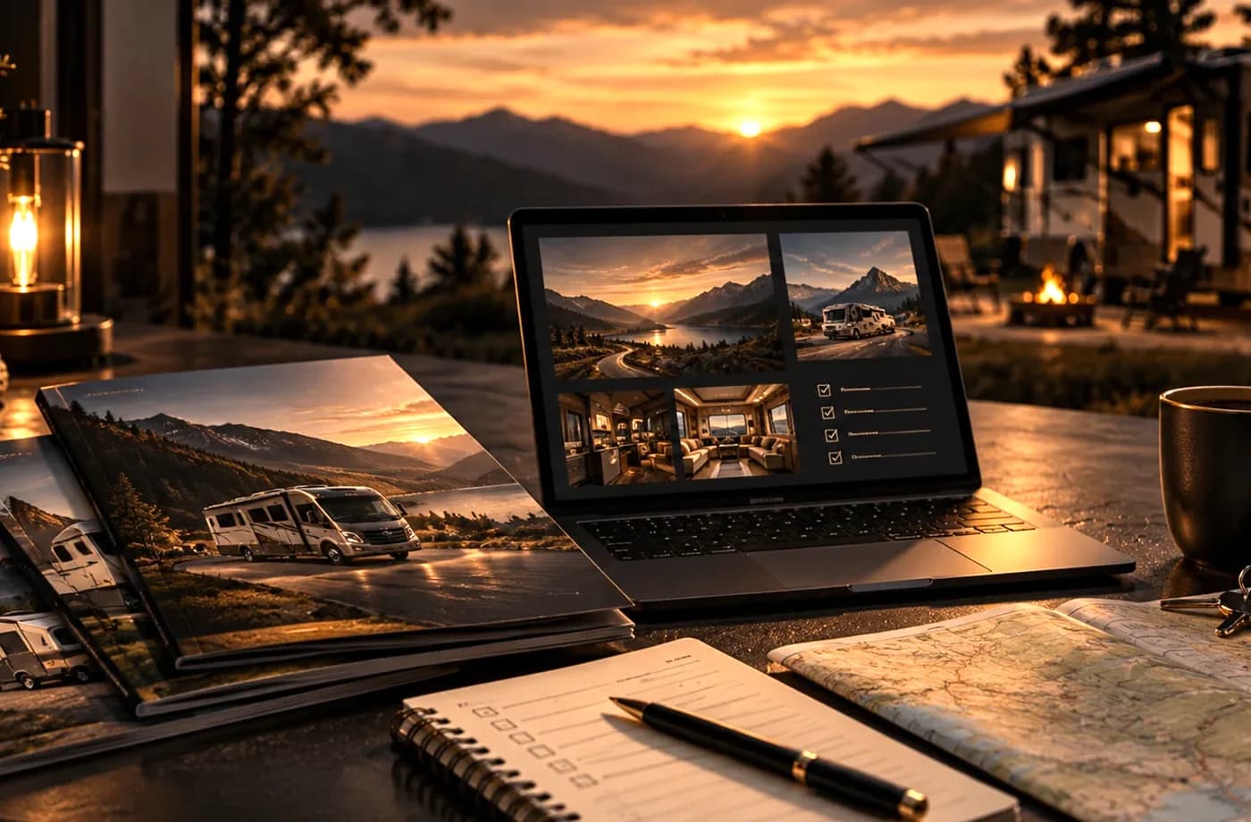 RV research and trip-planning scene supporting RV Rental Insurance, Mileage and Deposits Explained