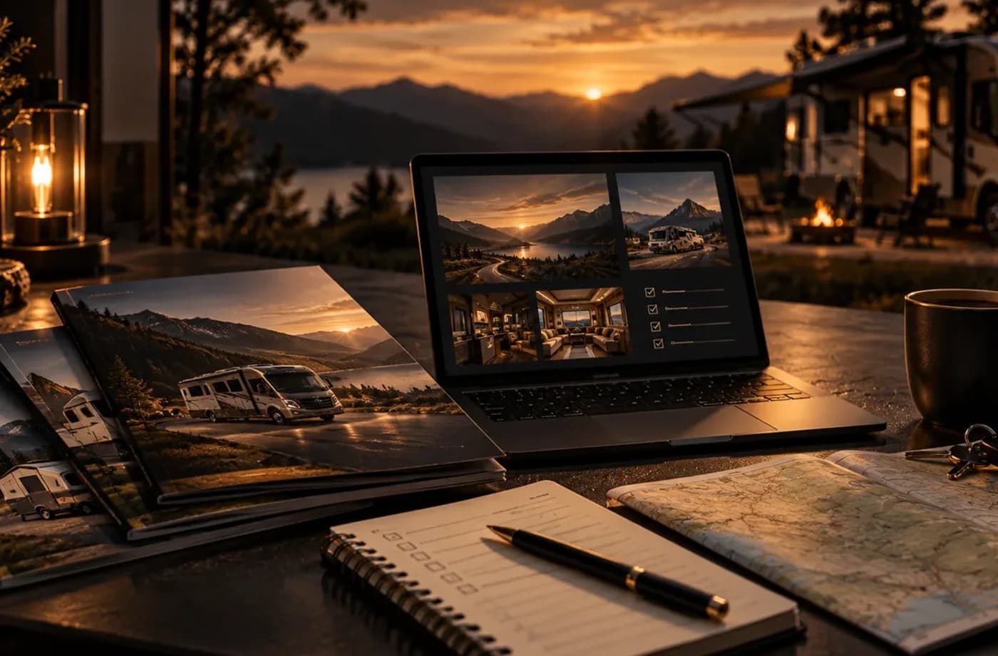 RV research and trip-planning scene supporting First-Time RV Buyer Checklist