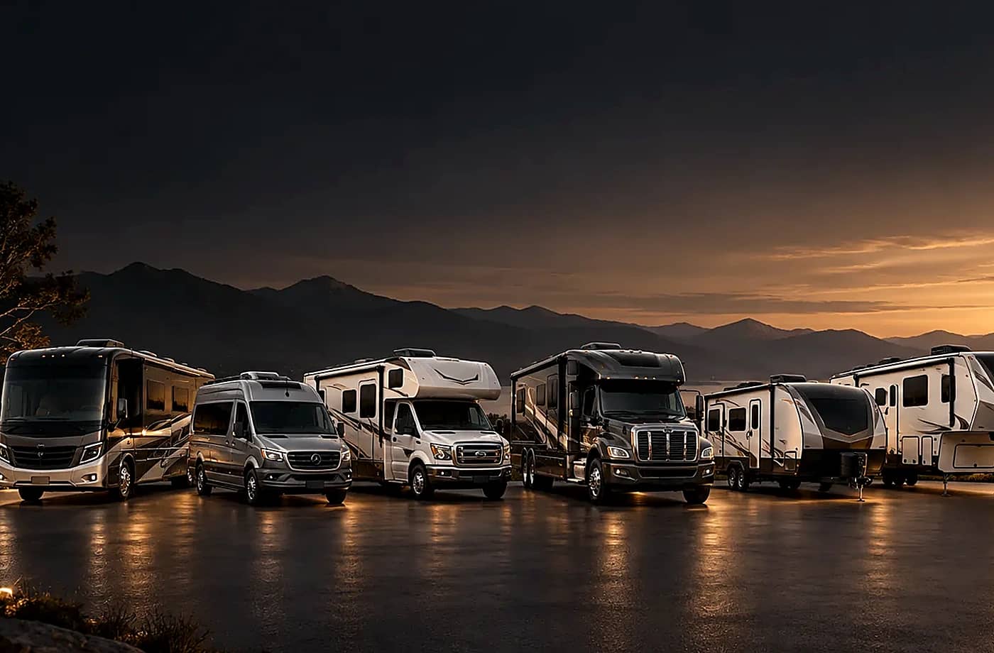 Motorhome and towable RV scene supporting New RVs for Sale in Davis, CA
