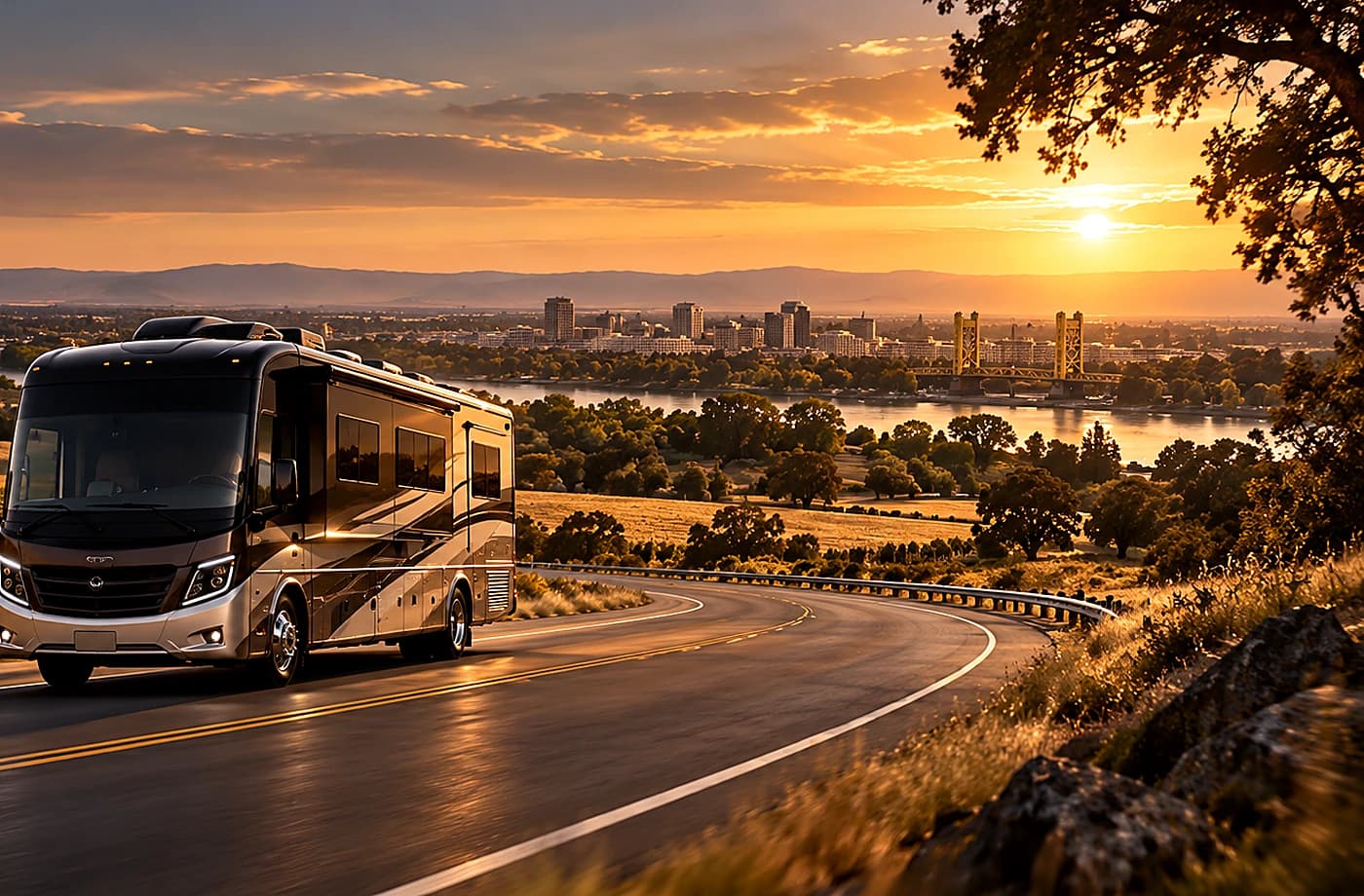 Motorhome and towable RV scene supporting RVs for Sale near Folsom, CA