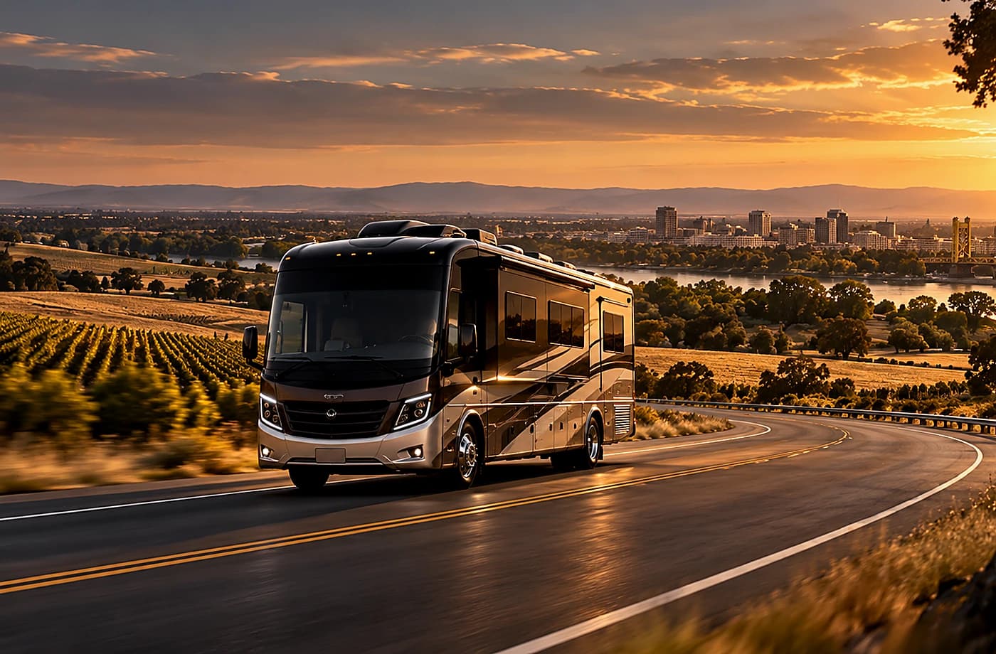 Motorhome and towable RV scene supporting RVs for Sale near Galt, CA