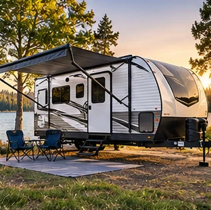 Illustration of a hitch-towed travel trailer with an awning
